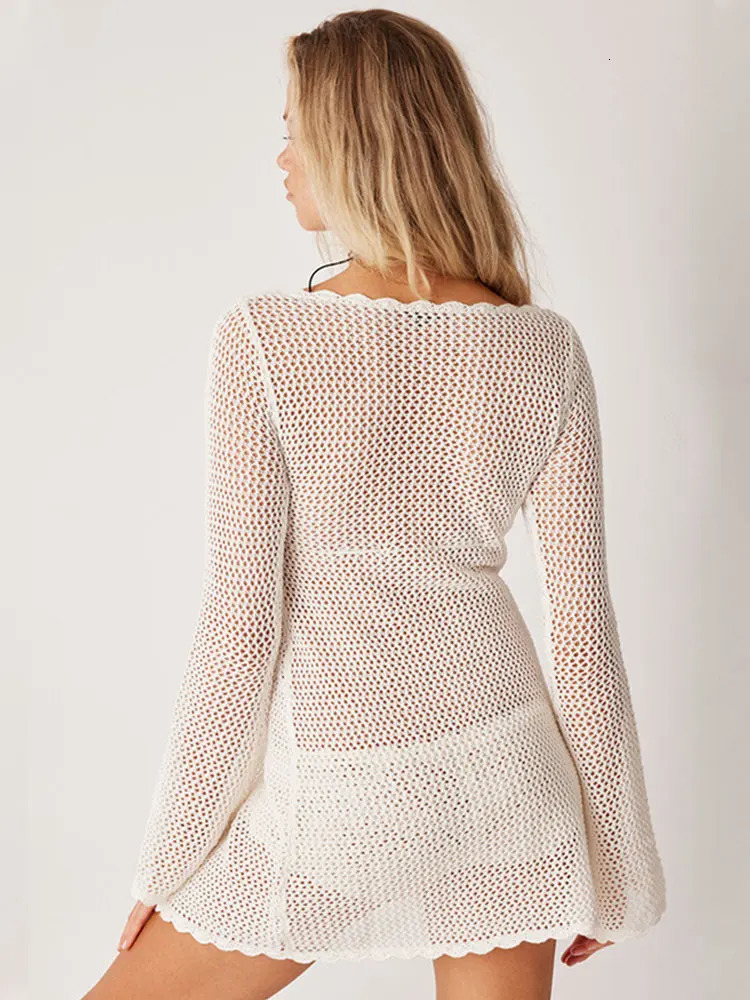 Sexy Summer 2024 Womens Solid Color Tunic Knitted Long Sleeve Hollow Out Beachwear Bikini Cover-ups Lace-up Sunwear Dress A2804250319