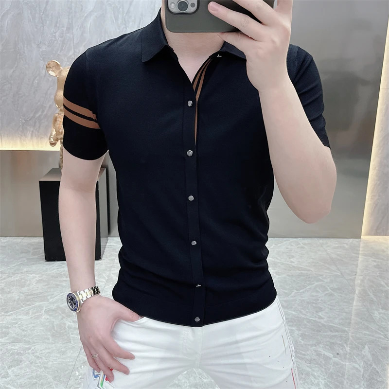 Summer Striped Mens Knitted T-shirt Polo Neck Ice Silk Short Sleeve Mens Casual Business Knitted T-shirt 250320