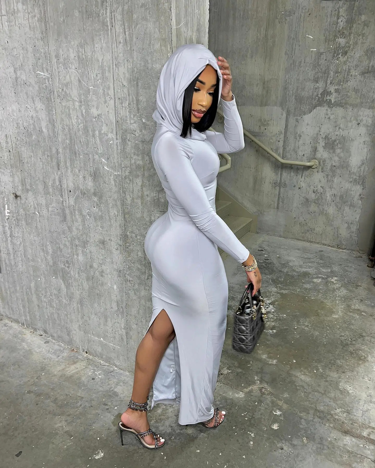 Autumn Product Fashionable Solid Color Slimming Wrinkle Hoodie Bag Hip Split Look Dress For Women 250320