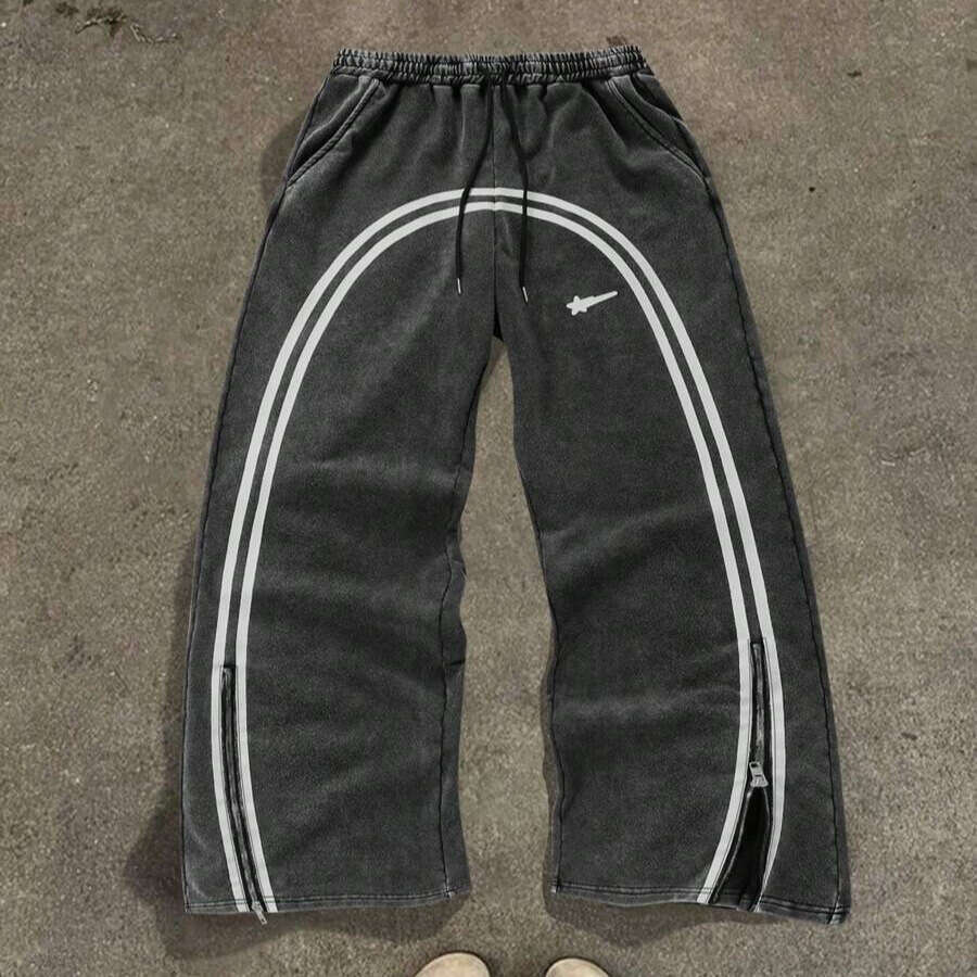 American street fashion brand solid color splicing loose straight sports casual pants zipper sweatpants for men and women