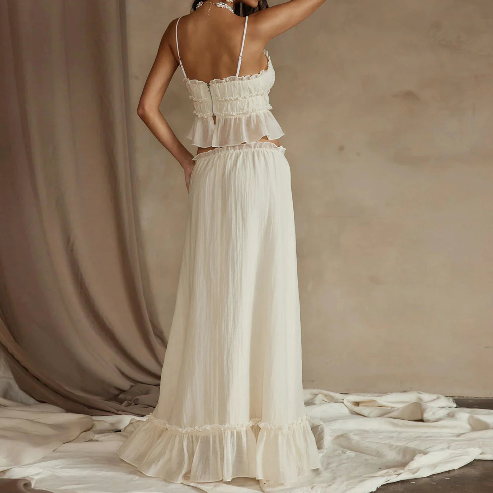 Womens Y2K Aesthetic 2 Piece Skirt Outfits Sleeveless Ruffle Trim Camisole Long Tie Up Skirt Set 250320