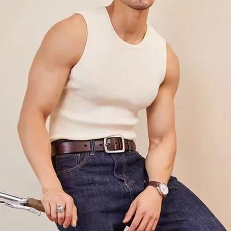 Fashion Texture Ribbed Knit Tank Tops Men Casual Slim Fit Elastic Basic Vest For Mens Spring Summer Trendy Sleeveless Camisoles 250320