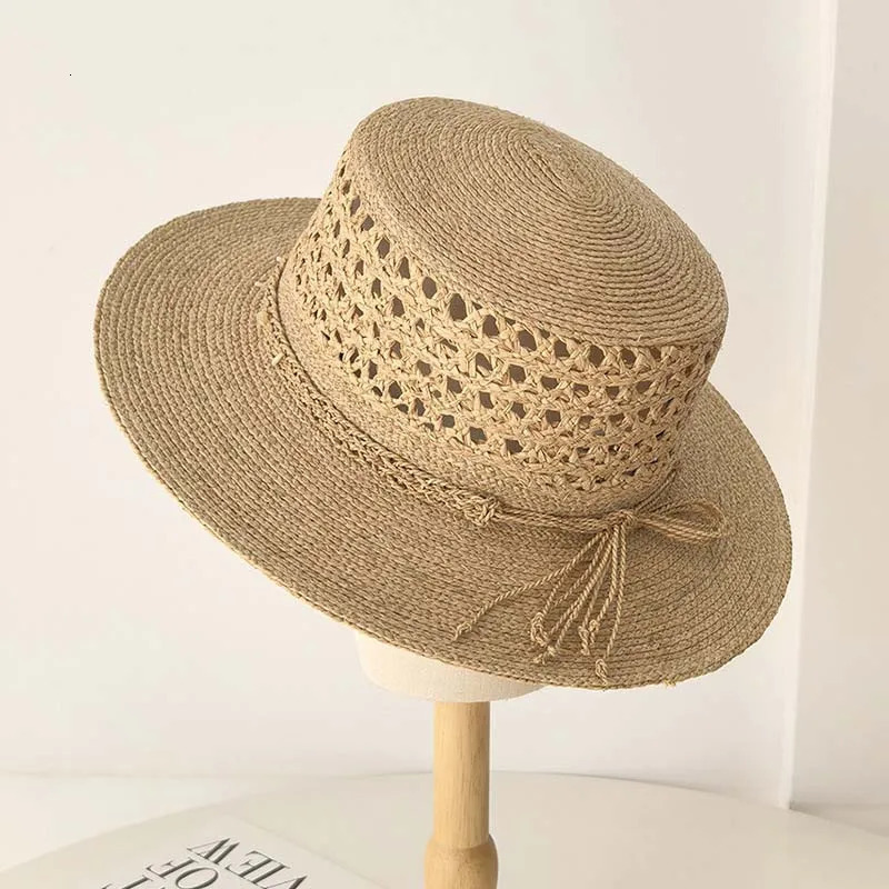 hollow flat top natural Rafia grass hat for women summer French SunHat beach Sunhade beach hat 250320