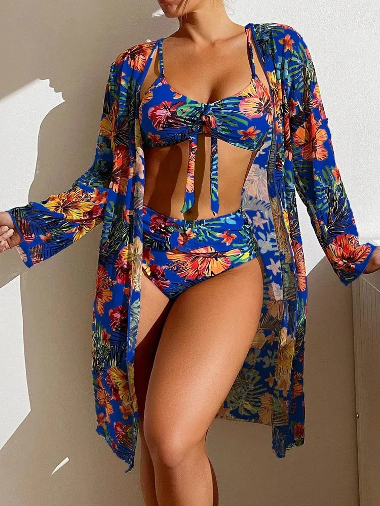 OIINAA Plant Printed Swimwear Women Bikini Set Lace Up ThreePiece Beach Cover Female Swimsuit Bathing Beachwear Fashion 250320Z