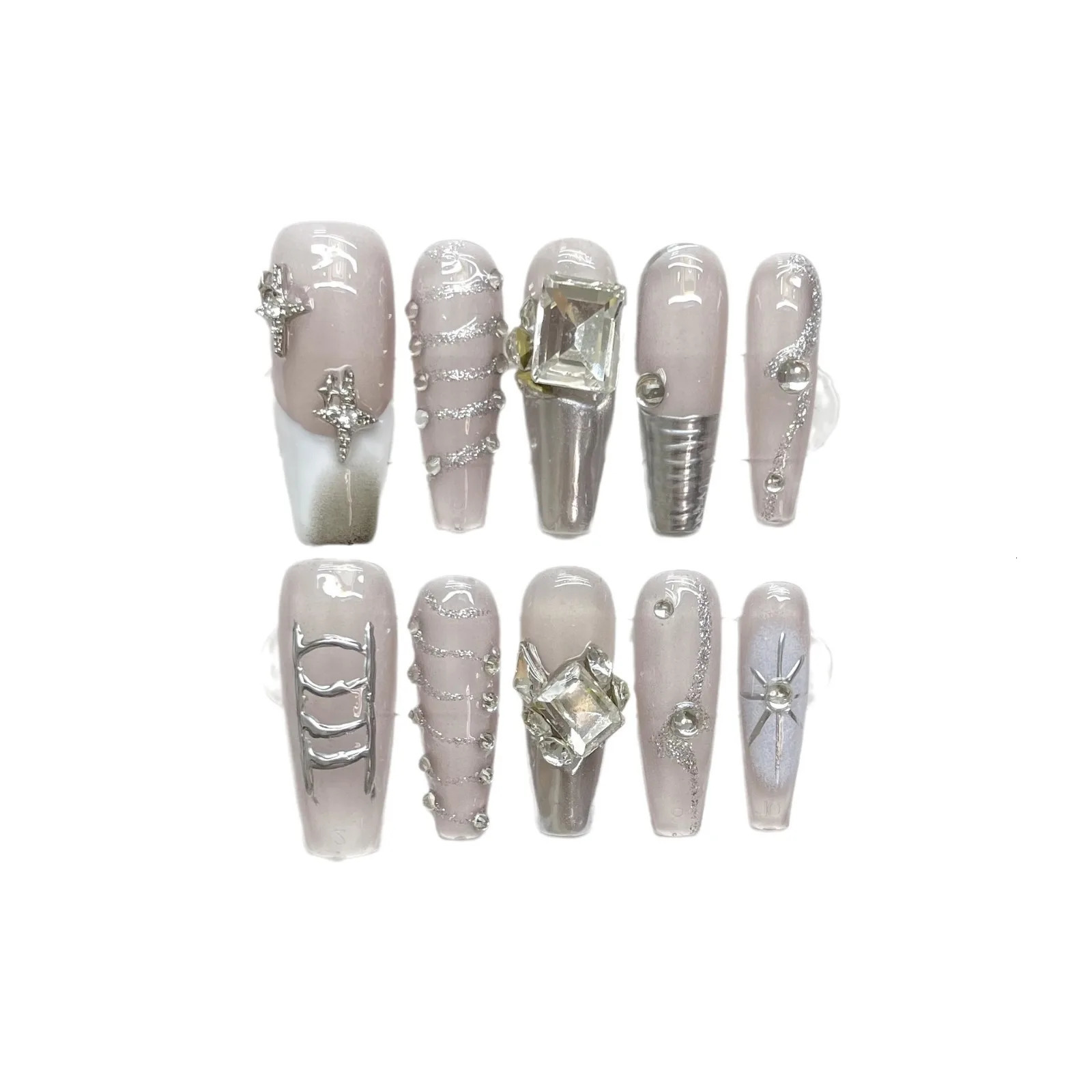 10 PCS Handmade Y2k Press on Nails Long Punk Silver Adhesive False Nail Full Cover Coffin Artifical Stick-on Nail Tip Nail Art 250319