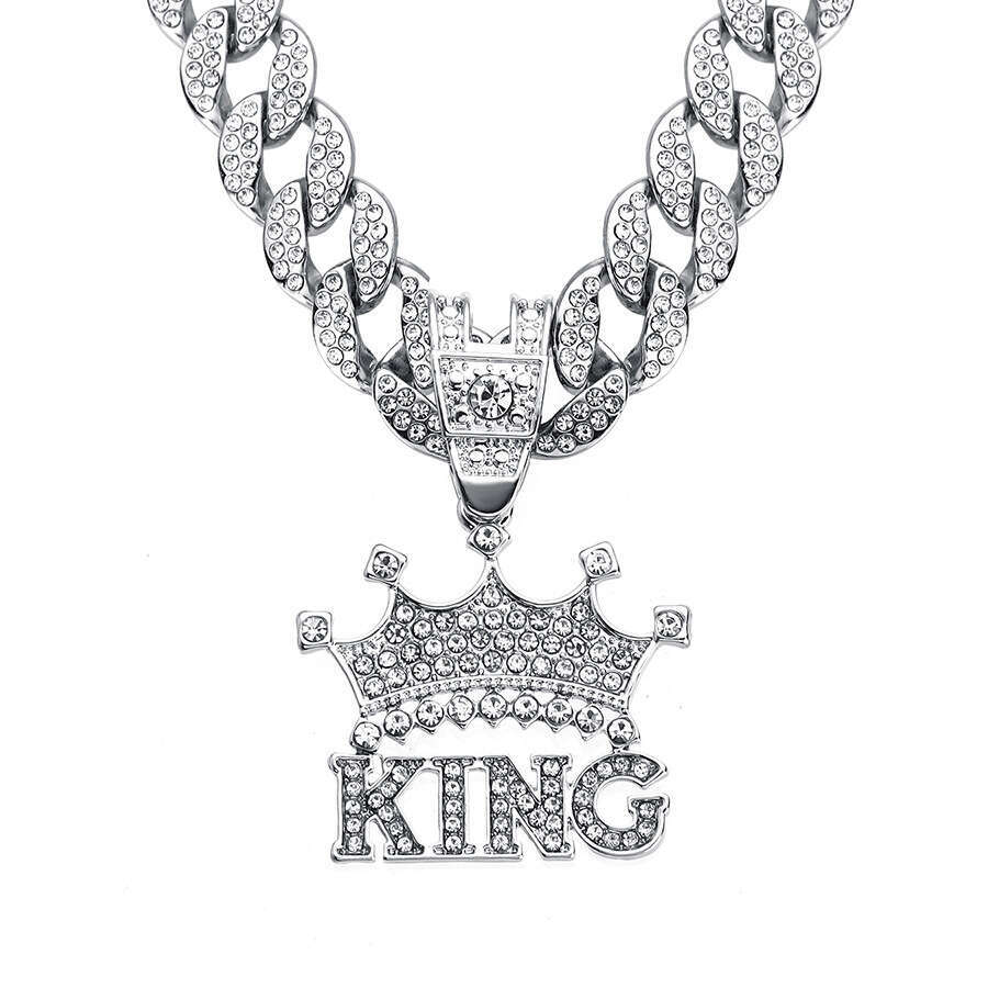 Hip hop with full dia letters, crown, KING zinc pendant, trendy cool alloy necklace accessories, men's