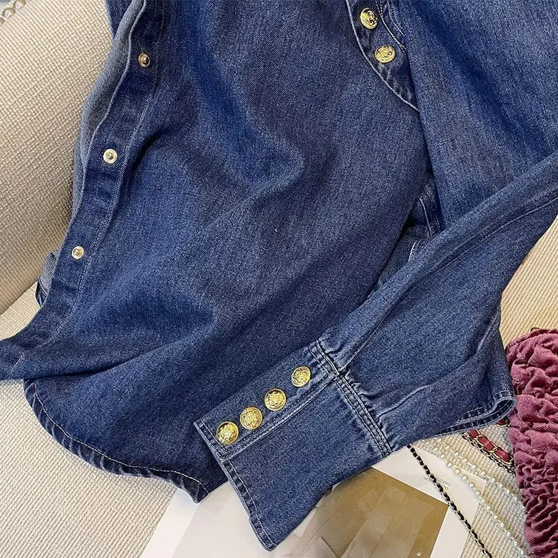 Retro denim womens spring/summer womens shirt sense niche shirt French Exquisite fashion top womens shirt 250317