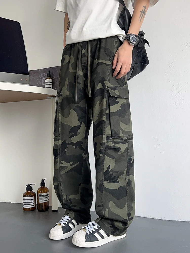 Mens Camouflage Straight Cargo Pants Spring Summer Multi-Pockets Wide Leg Baggy Casual Pants Male Cotton Casual Trousers 250320