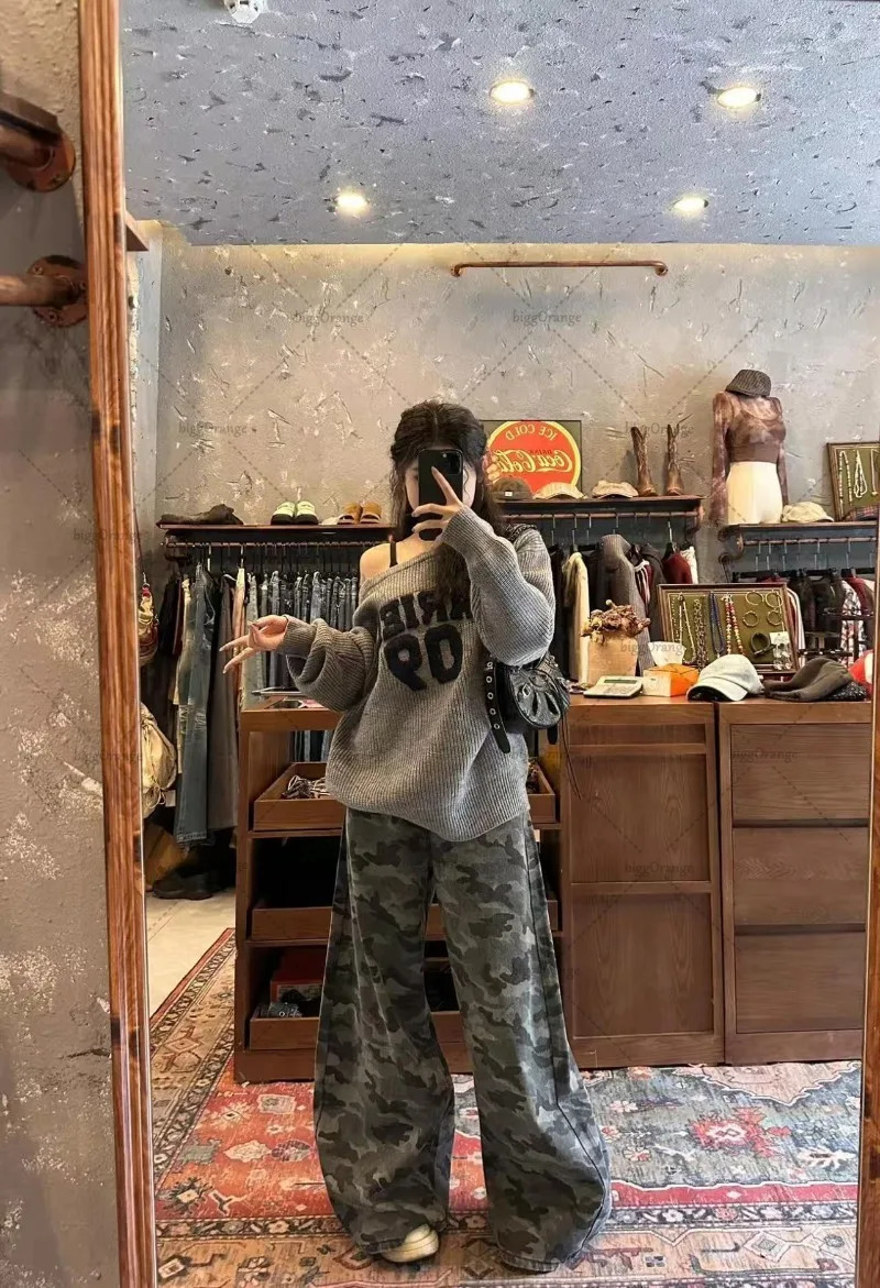 American Retro Camouflage Oversized Jeans Fashionable Loose Personality Street Hip-hop Trendy High Waist Wide-leg Straight Pants 250320