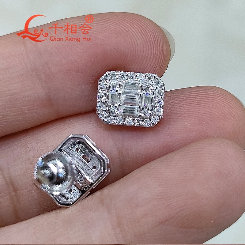 10mm Rectangle Cross Baguette Moissanite Stone Ear Stud S925 Silver D VVS Womens Wedding Jewelry Gift Earring for Dating