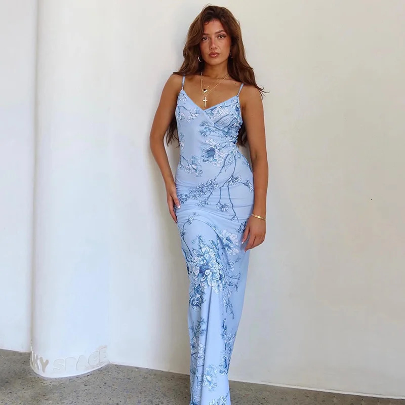 Sleeveless printed pendant dress for women fashionable V-neck ultra-thin long dress summer chic womens beach party club robe 250317