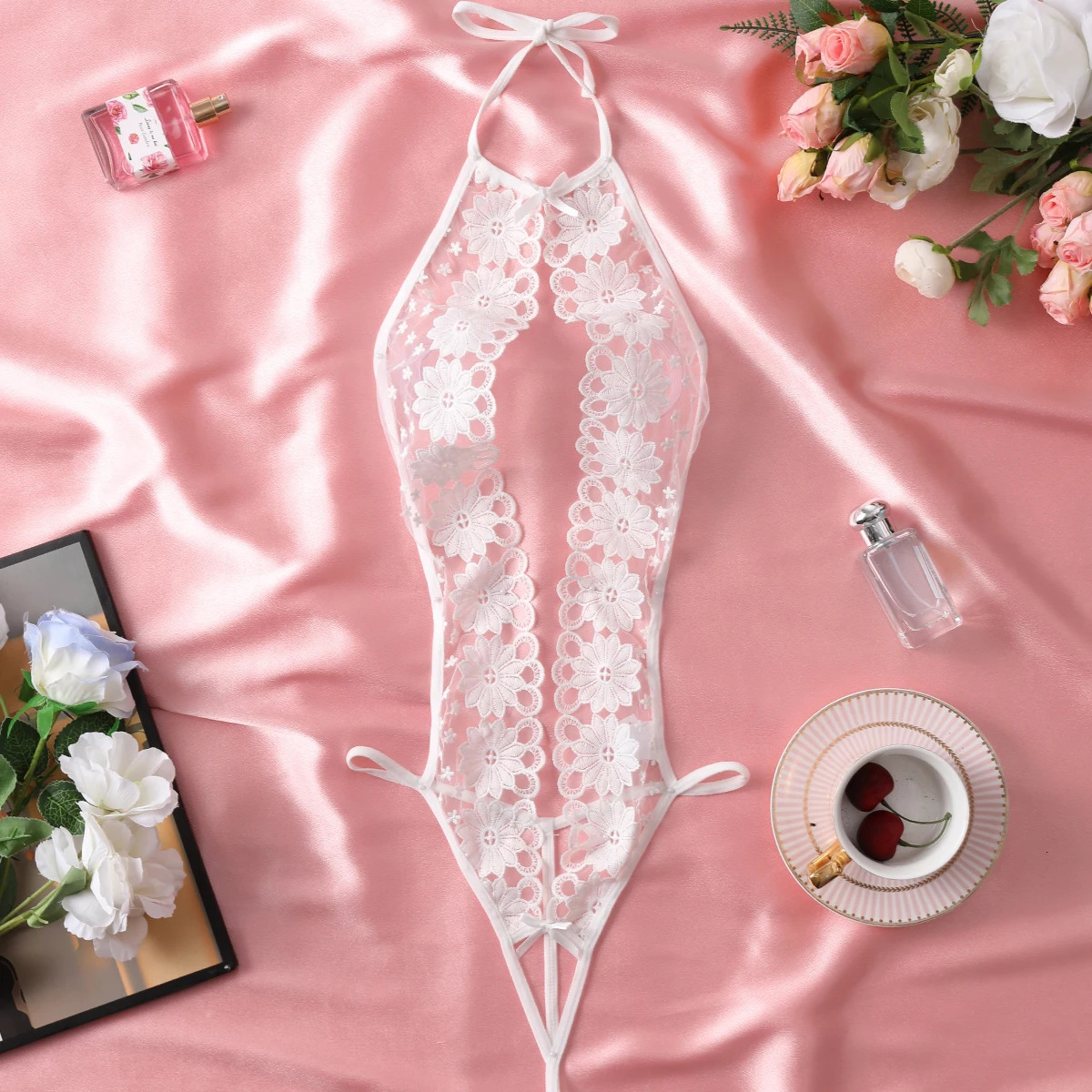 Womens Fancy Sexy Lingerie White Open Bra Teddy Hollow Out Halter Backless Bodysuit Floral Embroidery Crotchless Underwear 250320