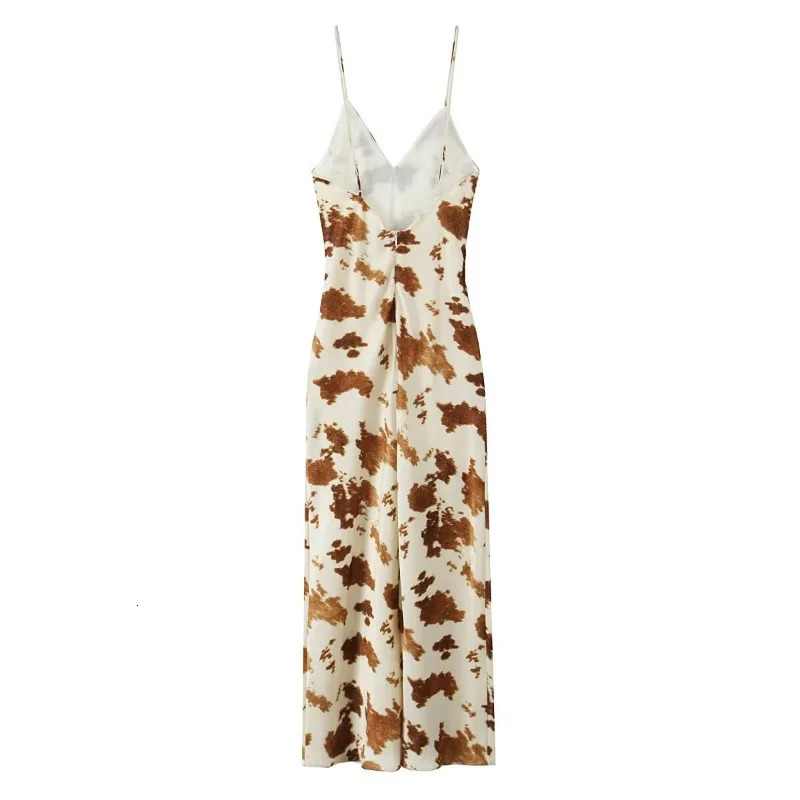 ZBZA Womens Printed Satin Midi Dress Vneck Adjustable Pendant Ultra Thin Bottom Zipper Long Style SpringSummer Fashion 250320
