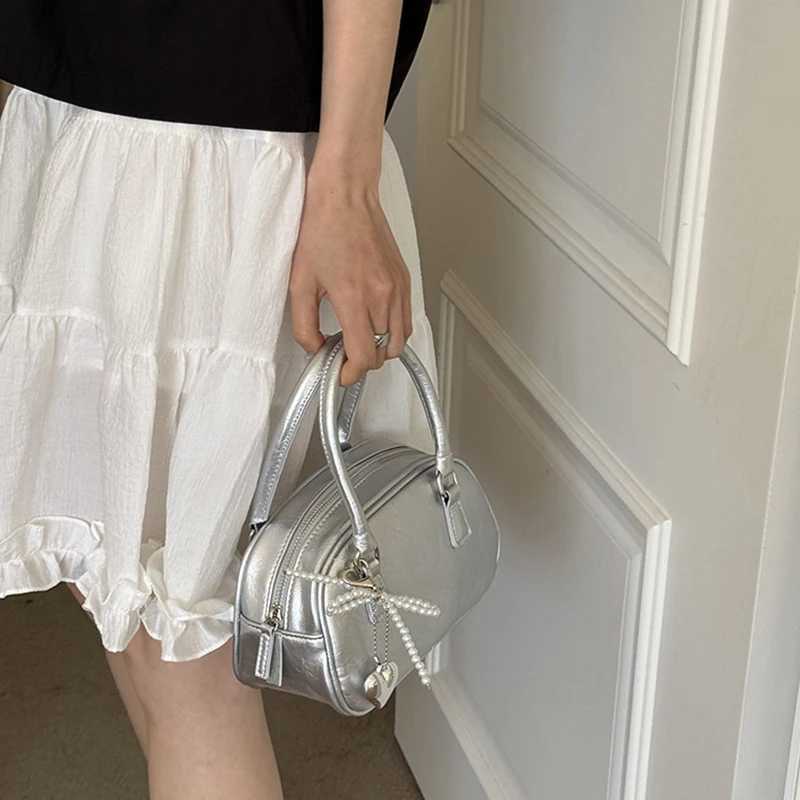 Silver Small Square Bag PU Handheld Crossbody Bag Bowling Bag Fashion Casual Womens Boston Commuter Bag Y250320