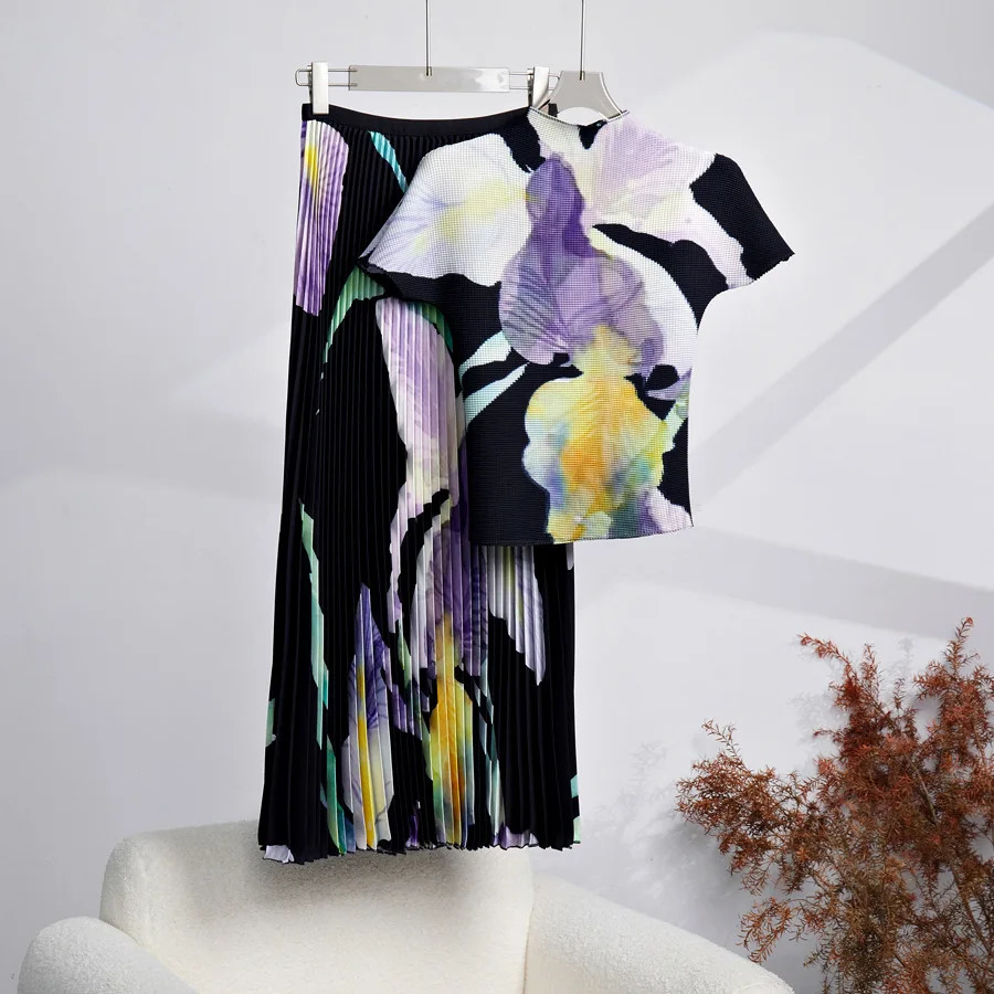 Miyake Holiday Flower Pleated 2 Pieces Skirt Set Womens Short Sleeve Stretch T-Shirt Tops Elastic Waist Miyake Skirt Suit 250320