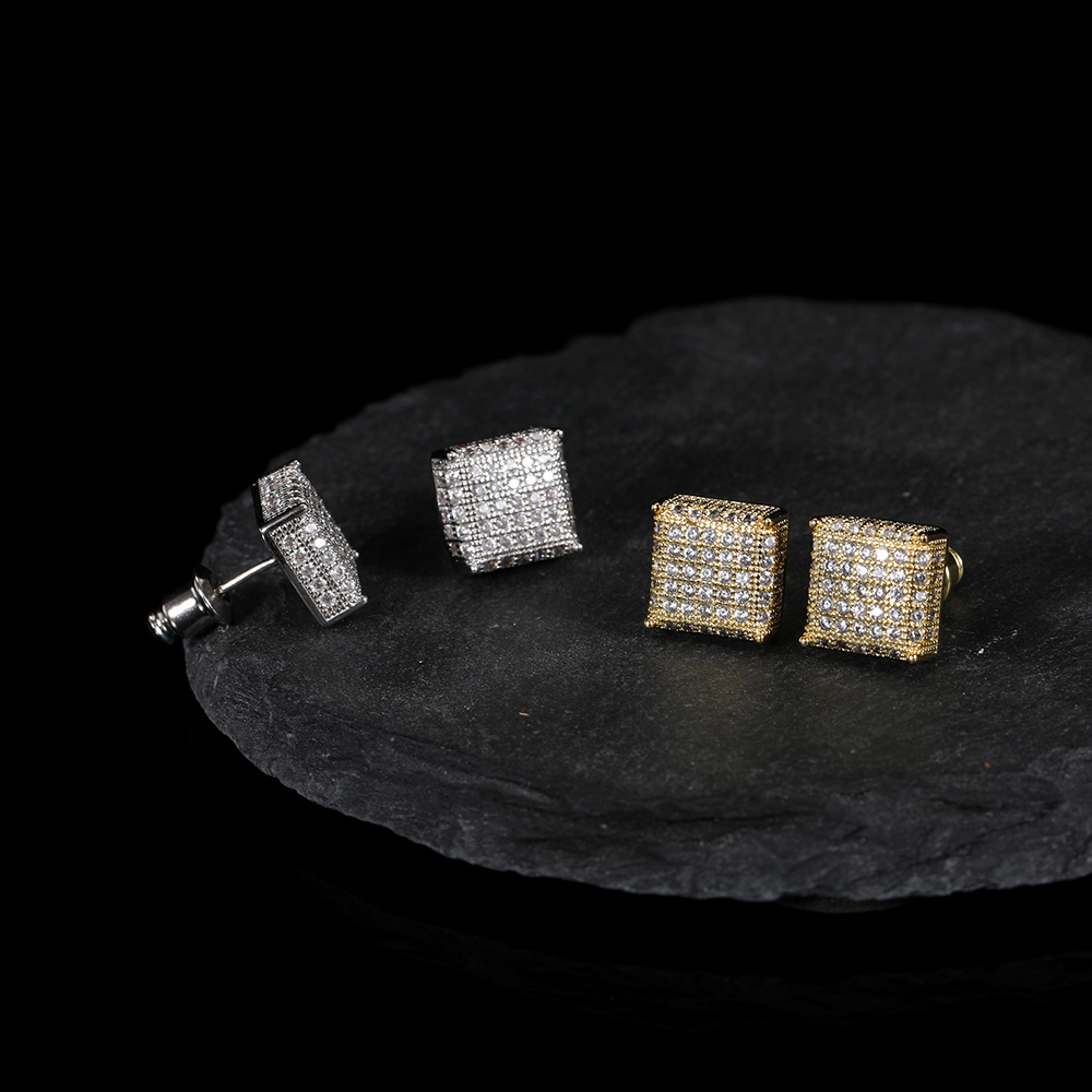 Hip Hop Iced Out Jewelry Gold Plated Earrings Women Micro Pave 3A Zircon Square Screw Back Earring