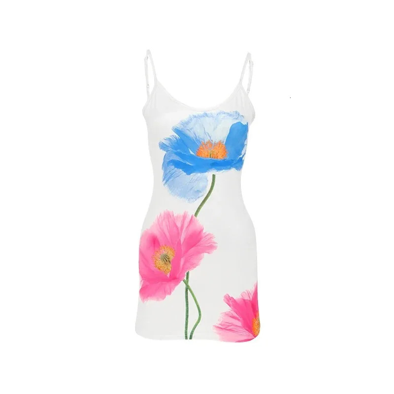 Sexy mini dress womens summer white fashionable Oneck printed sleeveless strapless casual ultrathin elegant 250320