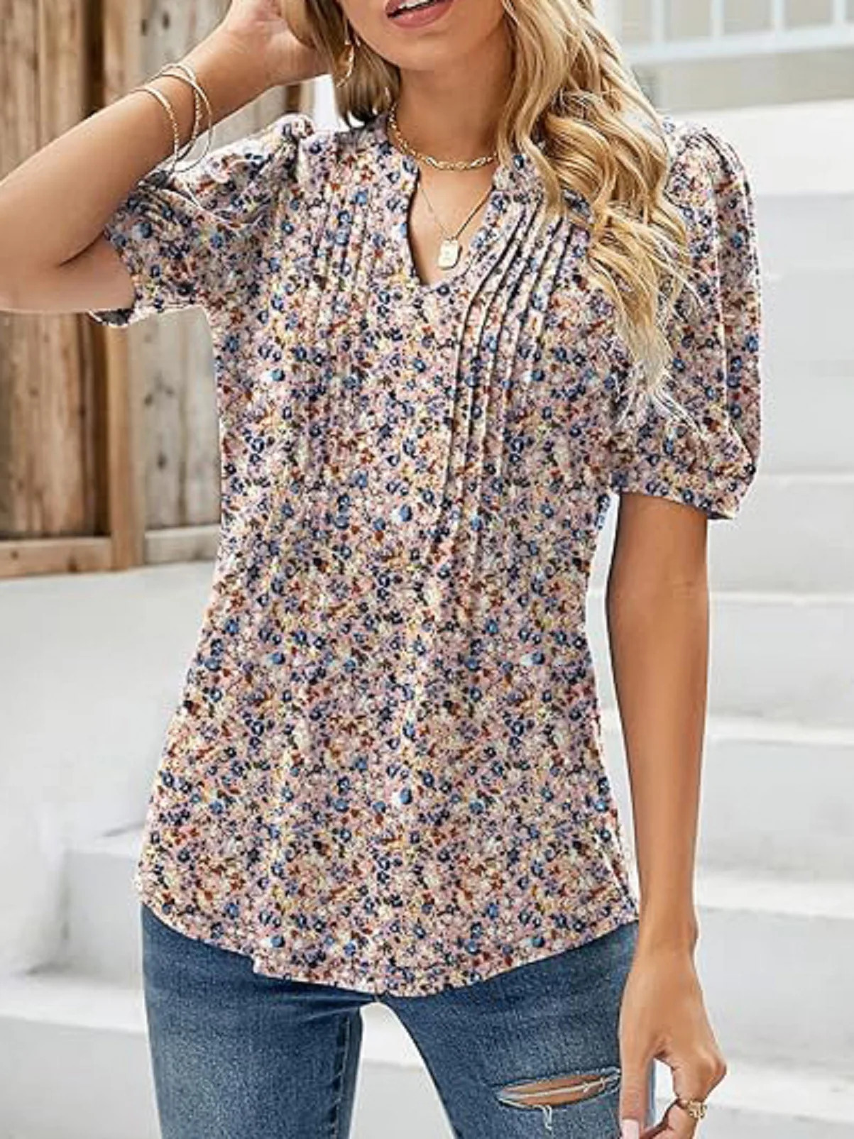 Womens Tunic Tops V Neck Shirts Short Sleeve Summer Puff Pleated Casual Blouses Puff Pleated Work Blouse Fashion Tops 250317