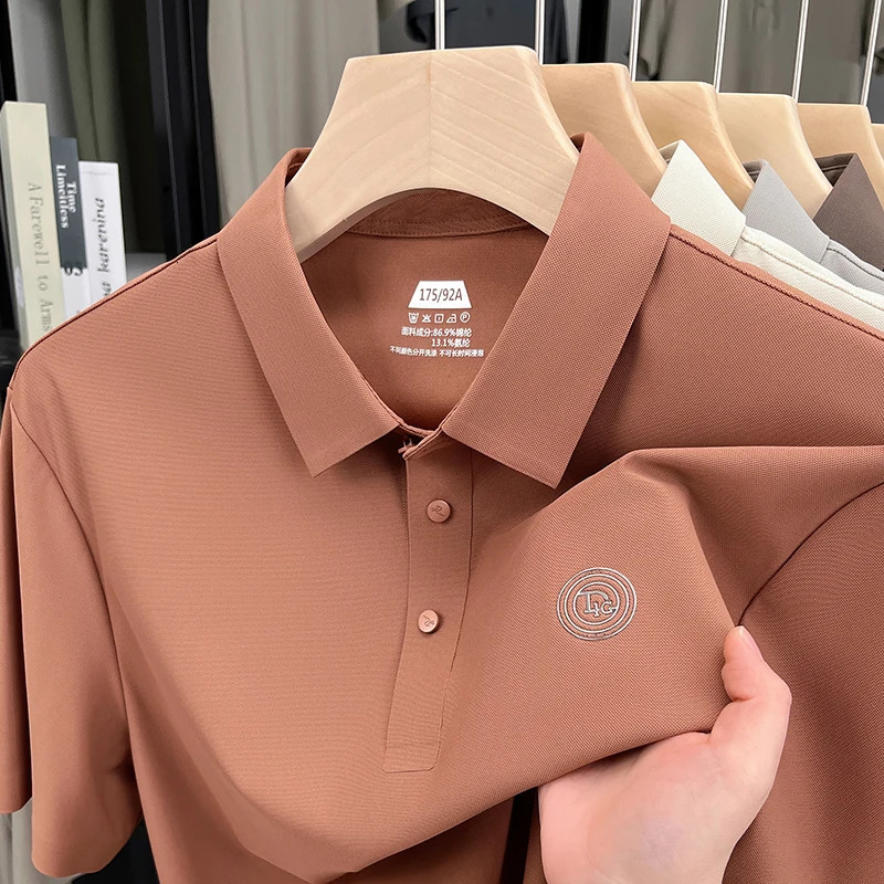 High end short sleeve polo shirt mens 2025 summer trend letter embossed top silk comfortable breathable lapel T-shirt 250321