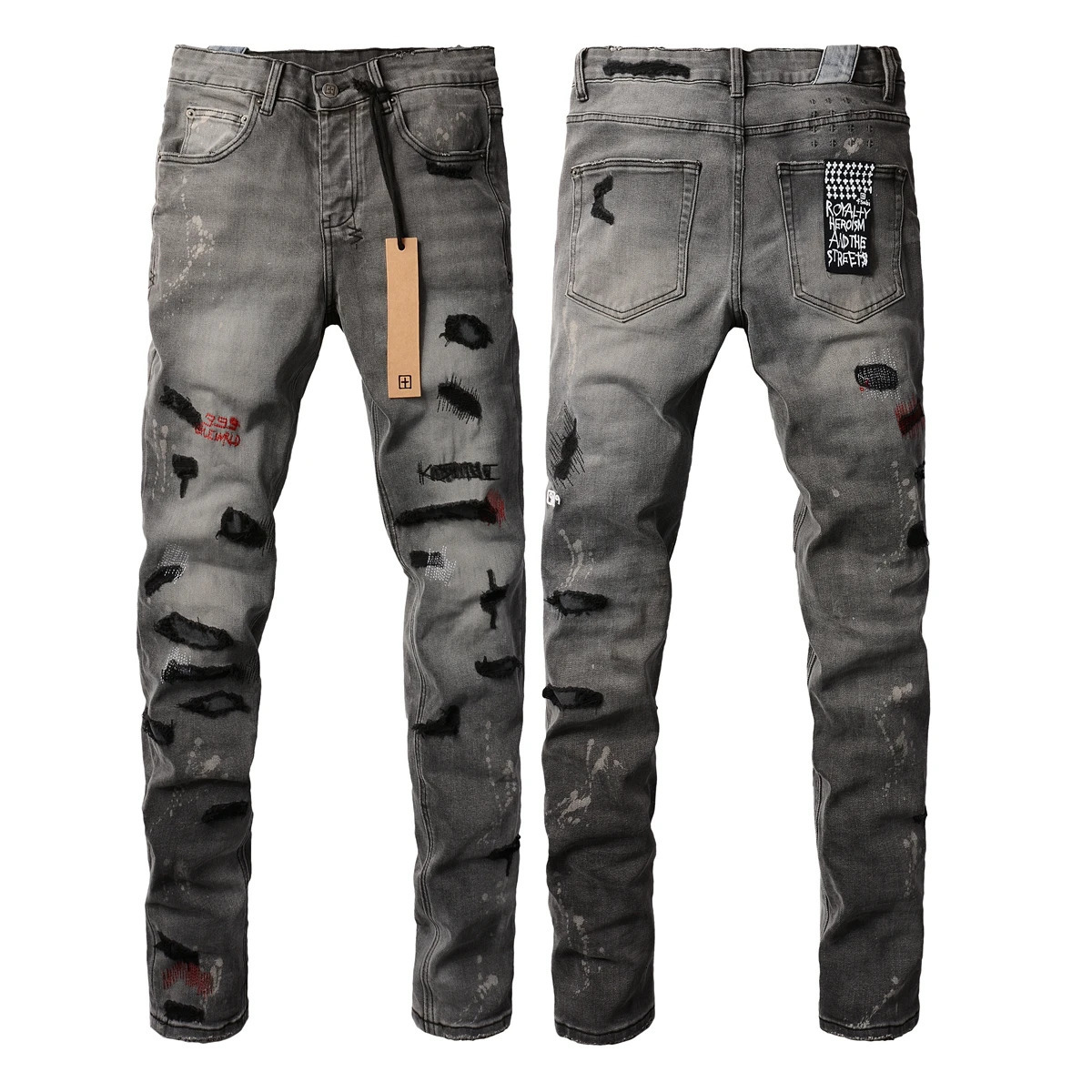 Retro Black Gray Jeans Men Cross Paint Hole Trend Low Rise Skinny Denim Pants Pleated Ripped Frayed Trousers 3014 250320