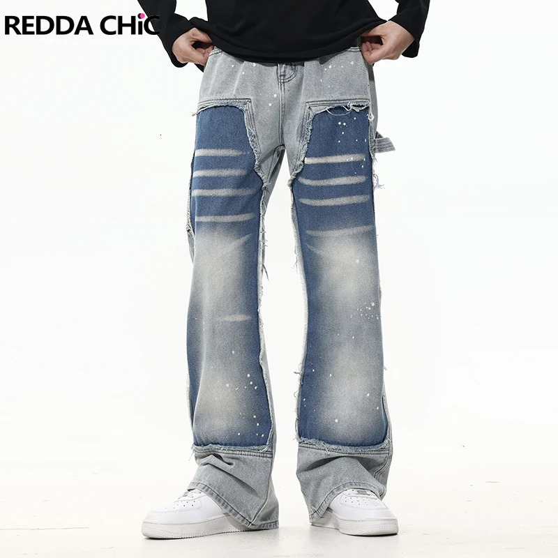 REDDACHIC Two tone Patch Work Bag Jeans Mens Hip Hop Splash Ink Brush Blue Washed Loose Suitable for Casual Wide Leg Pants Y2K Street Clothing 250317