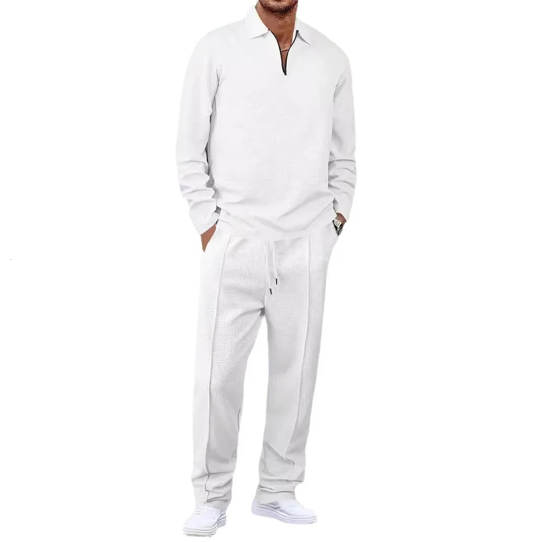 Mens Waffle Set Long Sleeve Striped Polo Shirt Set Fashion Casual Zipper Collar Set Mens Clothes 250320