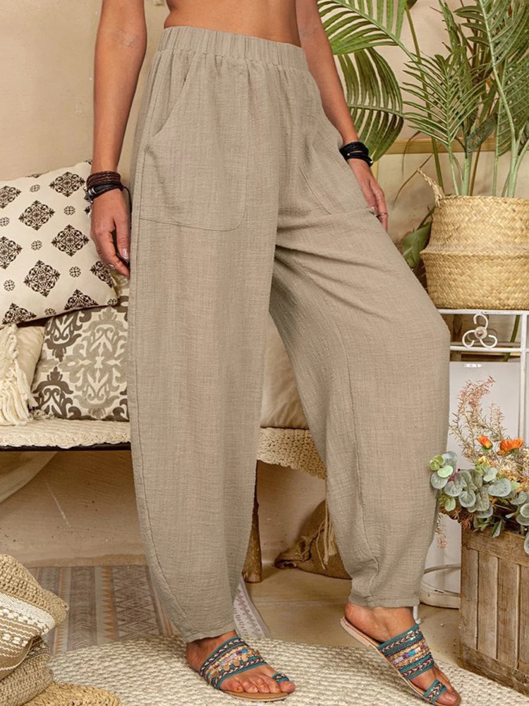 Womens cotton pants summer casual retro pocket thin beach shorts elastic waist wide leg loose harem 250320