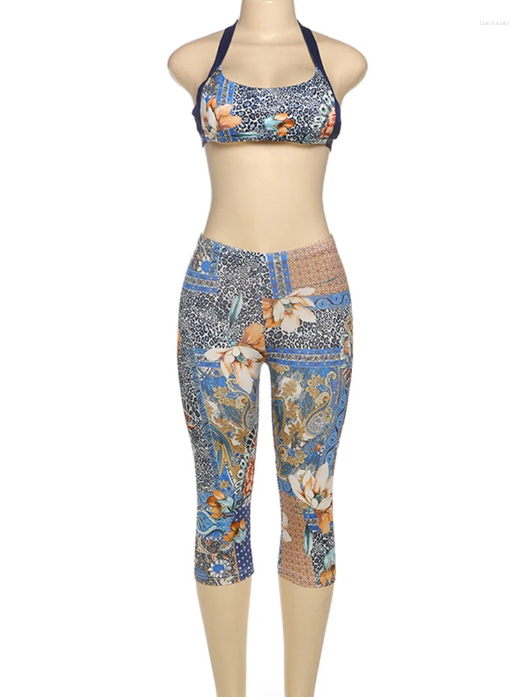 Womens Tracksuits Vintage Floral Print Two Piece Set Pants Women 2025 Summer Lace Up Halter Crop Tops With Legging Outfits Tracksuit