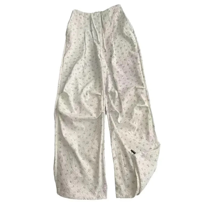 Retro style high waisted loose casual womens sports pants for summer 2025 American floral commodity white 250320