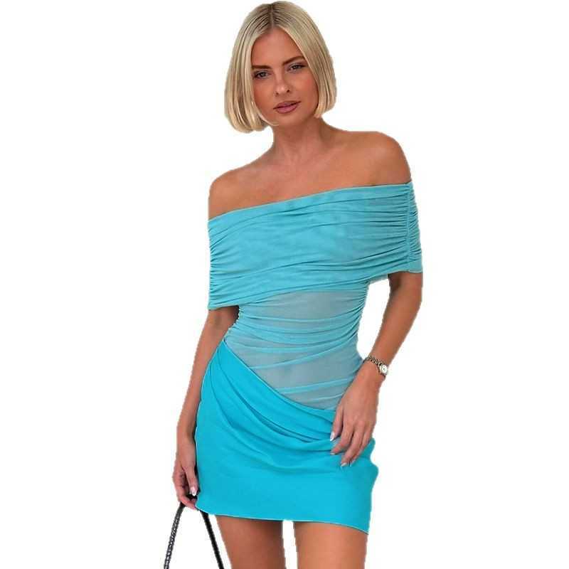 temperament fashion spring and summer one shoulder mesh hollow pleated exposed waist short dress 250315