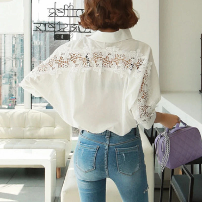 Sexy hollow lace cotton womens shirt Korean fashion elegant womens shirt backless dress office womens top 1310 250320
