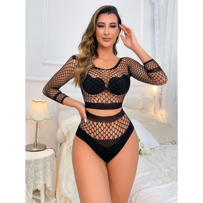 higher quality New European American sexy underwear female sense transparent hollow up and down two sets of net clothes flirting uniform pamas