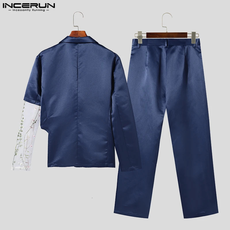 INCERUN American Fashion Mens Long Sleeve Set Jacket Pants Splicing Work Lace Flower Hollow Two Piece Set S-5XL 250318