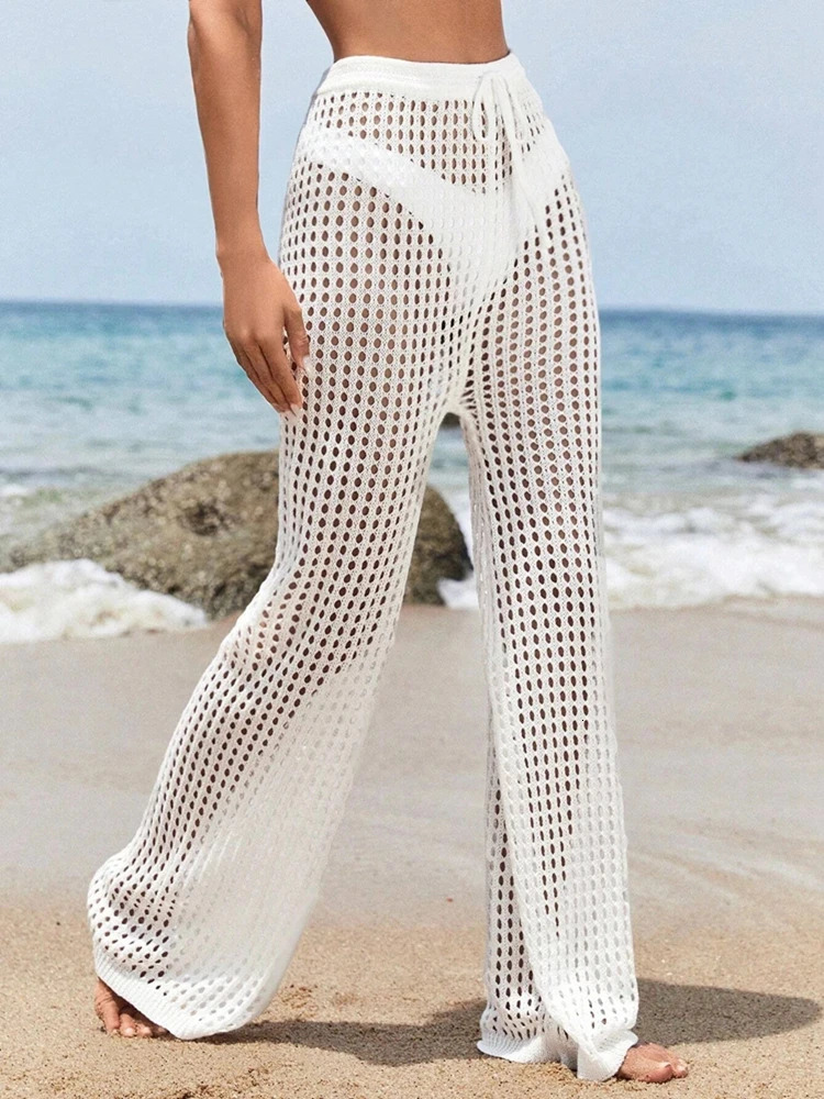Fashionable and elegant knitted wide pants comfortable drawstring womens casual solid color hollow out pants womens clothin 250314