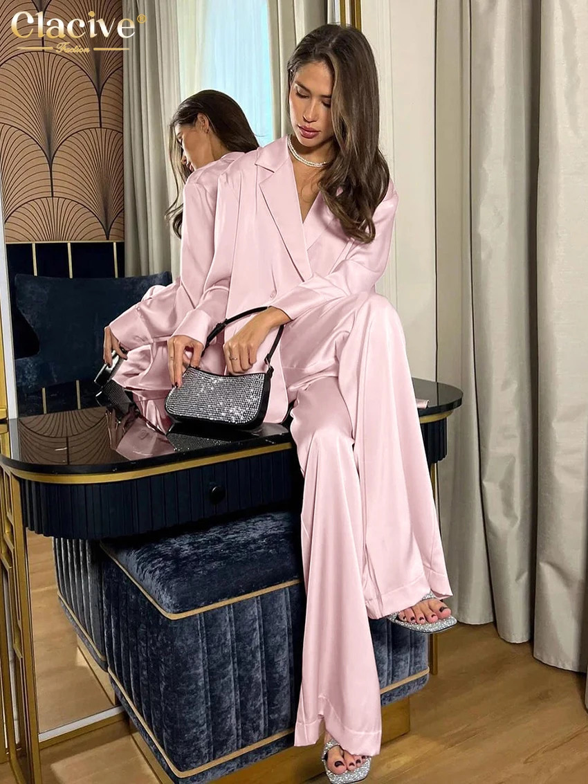 Clacive Fashion Loose Pink Satin Pants Sets For Women 2 Pieces Elegant Long Sleeve Shirt With High Waist Wide Trousers Suits 250320