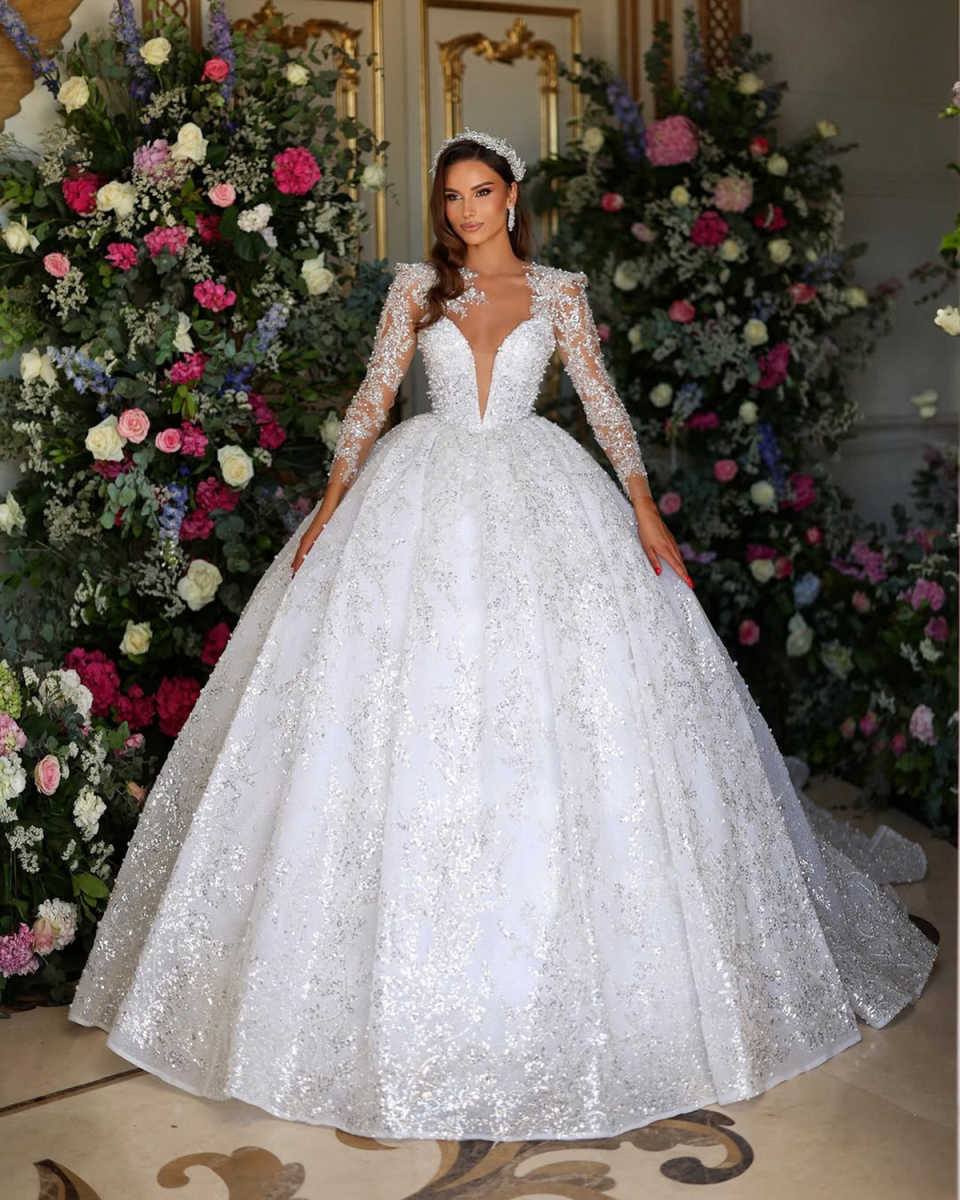 Elegant Women Wedding Sheer Neck Long Sleeves Bridal Gowns Sequins Beaded Sweep Train Dress Custom Made