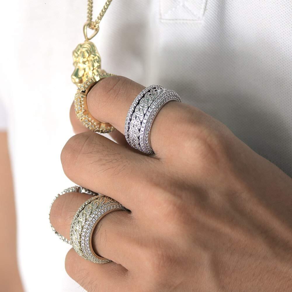 Fashion Iced Out Gold Plated Bling Cz Spinner Cuban Ring Cubic Zirconia Eternity for Mens Womens