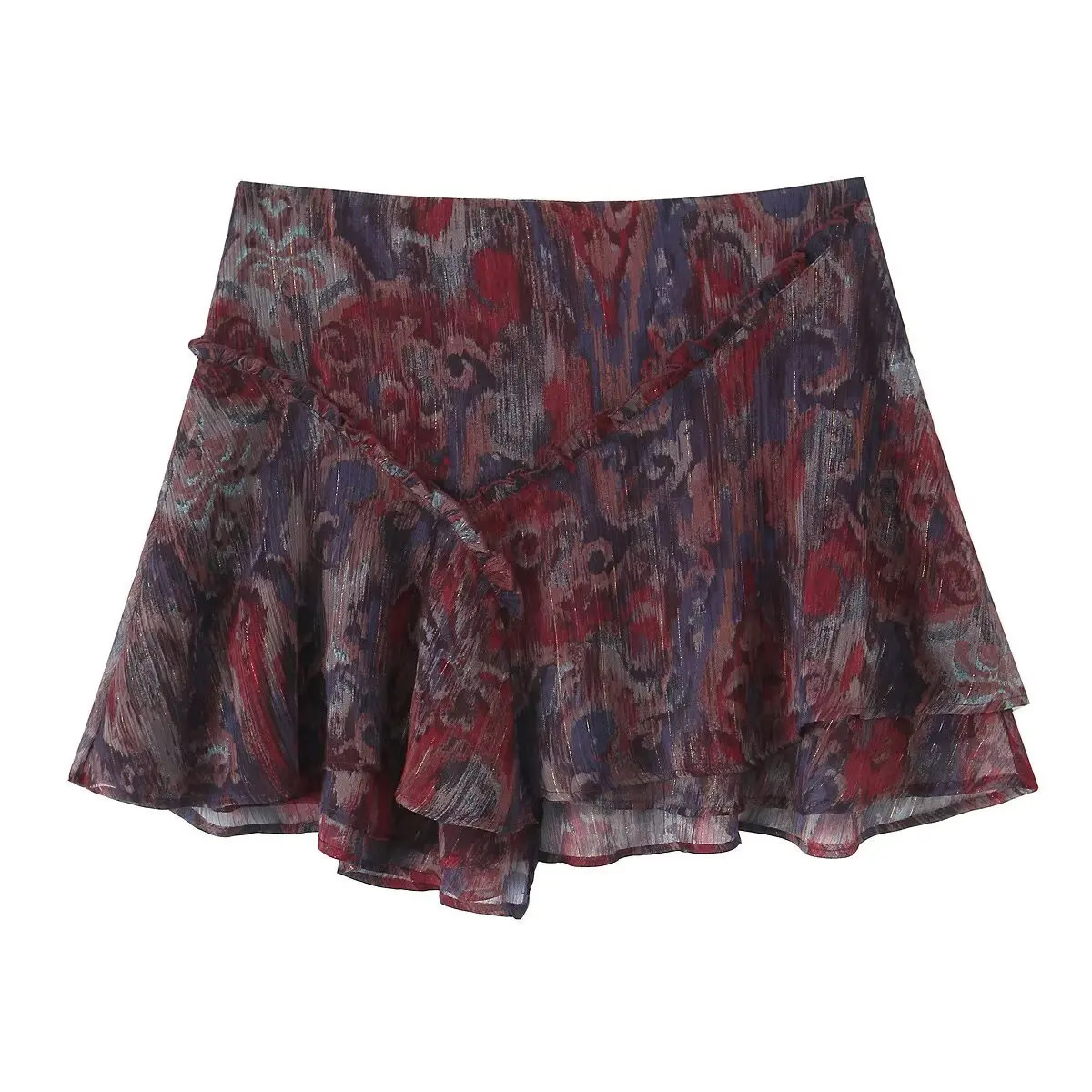ZBZA Womens Metallic Line Mini Skirt High Waist Ruffled A-line Side Zipper Short Skirt Spring and Summer Casual Chic Skirt 250320