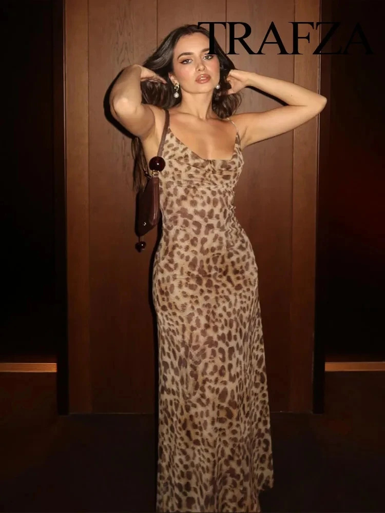 TRAFZA Womens Fashion Leopard Pattern Backless Lifting Summer Womens Retro Ultra Thin Leisure Beach Party Long Dress 250317