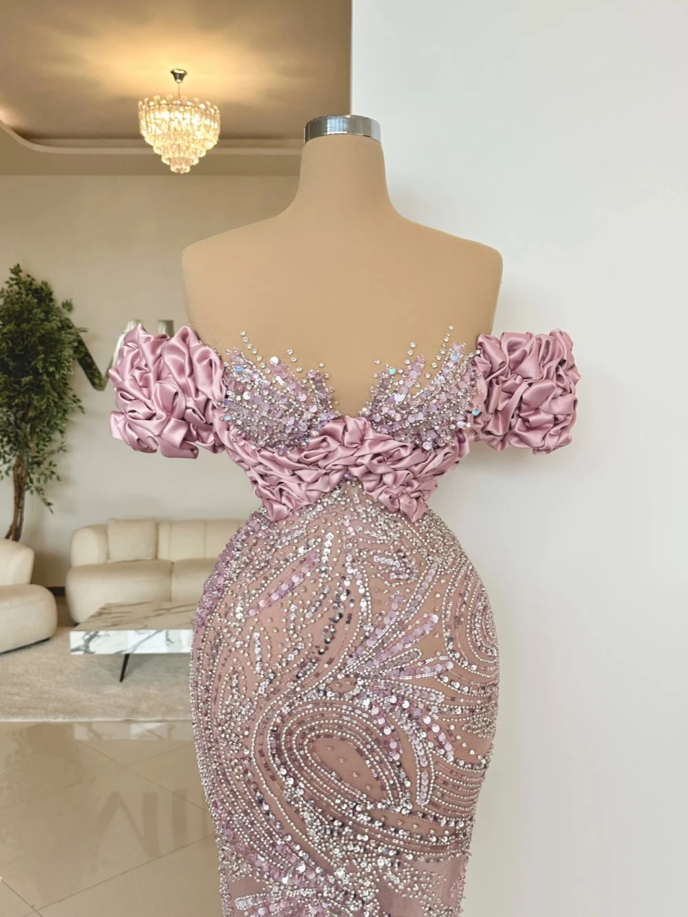 Evening Dresses For Women Sheer Neck Off Shoulder Sleeveless Gown See Through Sequins Ruffles Sweep Train Party Customized Dress