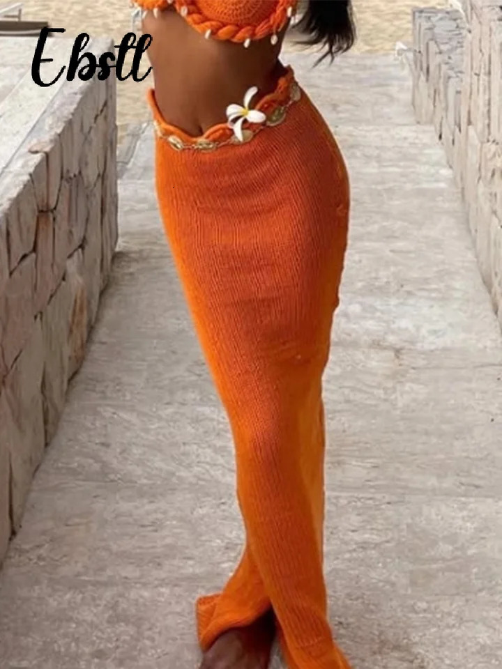 Sexy Knit Crop Top Skirts Set Women Shell Backless Sleeveless Tanks Hip Package Split Long Skirt 2025 Female Beach Outfits 250320