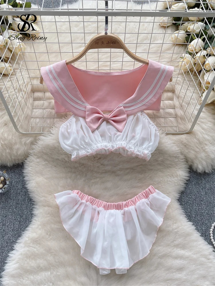 SINGREINY Bow Sheer Japan Style Erotic Suits Lingerie Women Navy Collar Sleeveless TopsChiffon Briefs Sweet Sexy Underwear Sets 250320