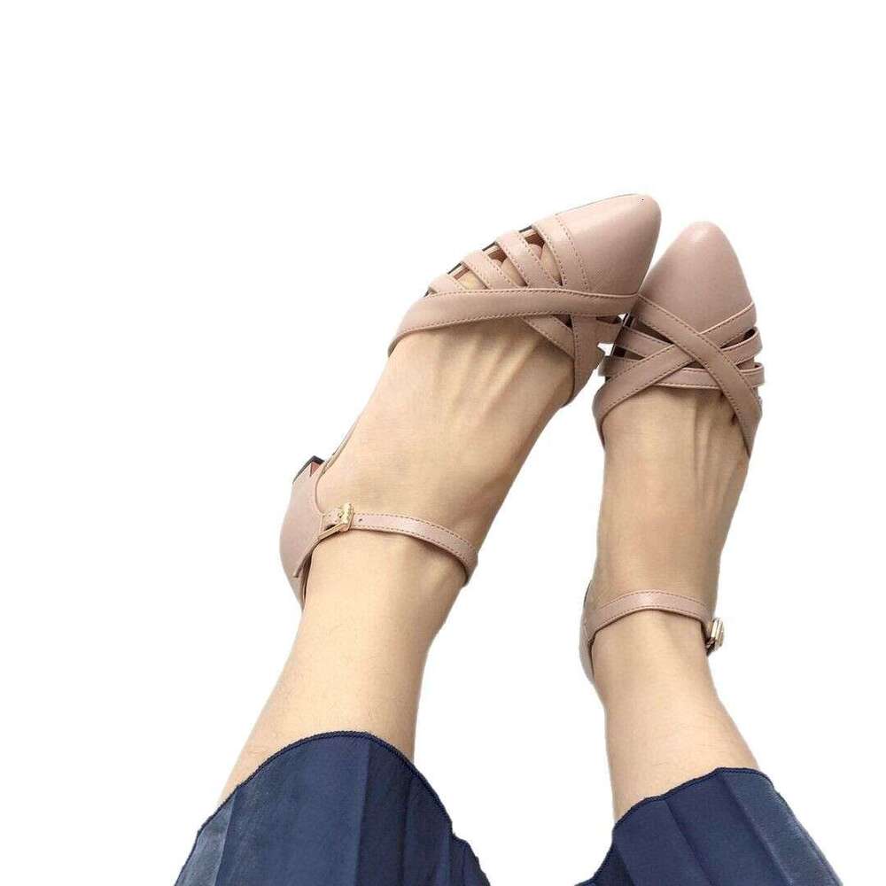 High Heel Dongguan Made Full Sheepskin Thick Heel Pointed Buckle Hollowed Out Middle Mouth Single Shoes High Heels Roman Toe Sandals For Women