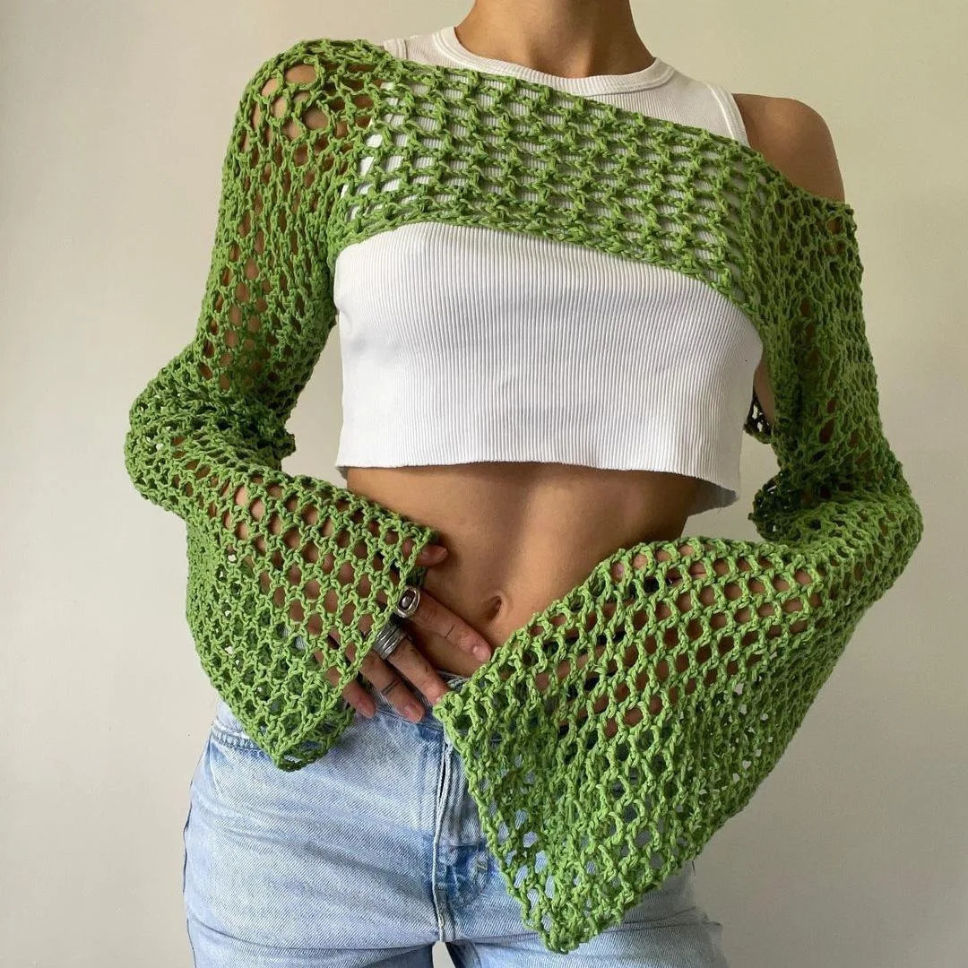 Women Big Fishnet Long Sleeve Cropped Sweaters Summer Fashion Lady O-Neck Flare Sleeve Hollow Out Short Knitted Pullovers 250319