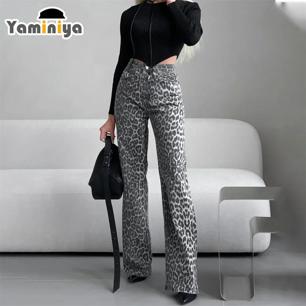 Yaminiya Autumn Womens Jeans High Waist With A Leopard Print Women Flared Pants Distressed Washed Vintage Womens Pants 250320