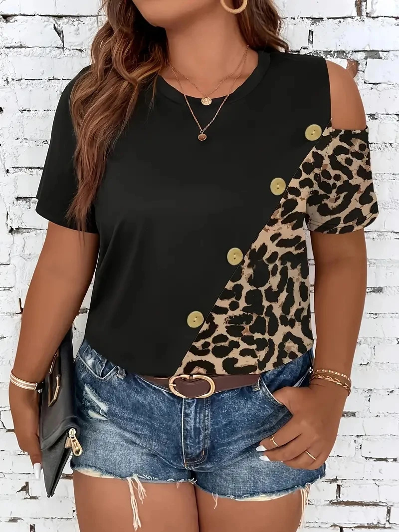 Plus Size Leopard Print Button Decor T-Shirt Casual Cold Shoulder Short Sleeve Top For Spring Summer Womens Plus Size Cloth 250320
