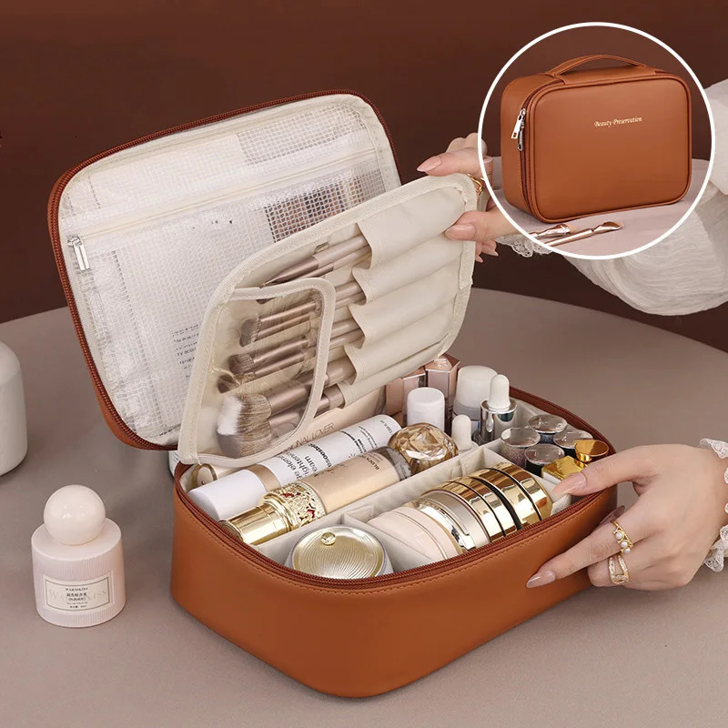 PU large capacity handbag makeup bag portable travel organizer Tolietry cosmetics storage bag womens double-layer bag 250319