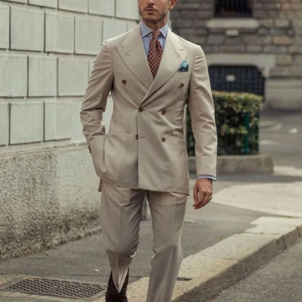 Summer Male Suit 2 Piece High Quality Lapel Double Breasted Tuxedo Casual Formal Wedding Suits for Men Blazer Pants 250311
