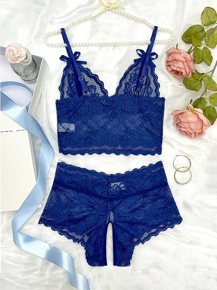 Sensual Lingerie Transparent Lace Bra Kits Crotchless Female Underwear Set Dark Blue Hollow Exotic Sets Tempation Intimate Goods 250320