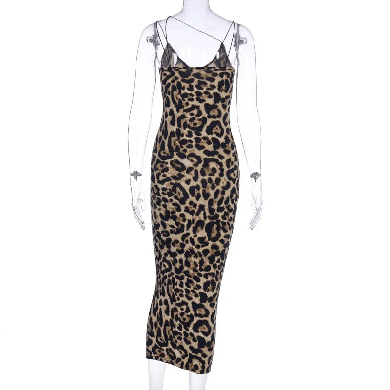 Womens summer leopard print sleeveless deep Vneck sexy ultrathin Midi dress womens fashion streetwear Christmas party 250320
